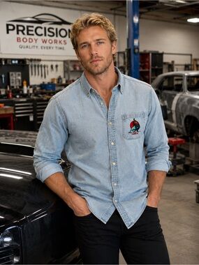Vintage Classic Light Blue Denim Button-Down Shirt with Embroidered Chest Pocket